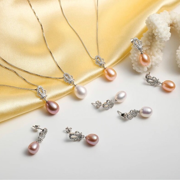 NWT 925 ST SILVER NATURAL PEARL CROWN PENDANT & EARRING JEWELRY SETS - Picture 4 of 15